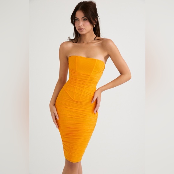 House of CB JULIANNA TANGERINE STRAPLESS RUCHED MIDI DRESS Size Small $239